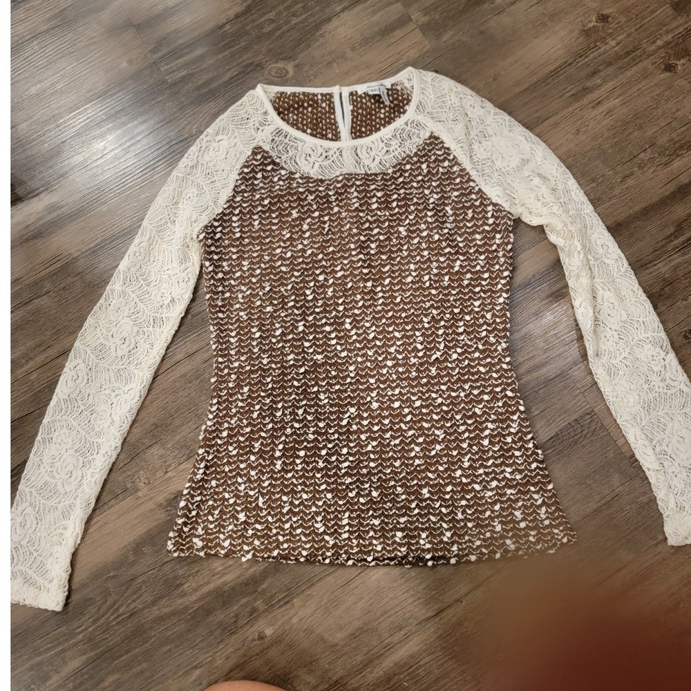Marineblu Brown White Textured Knit Top Cream Lace Raglan Sleeves Size M